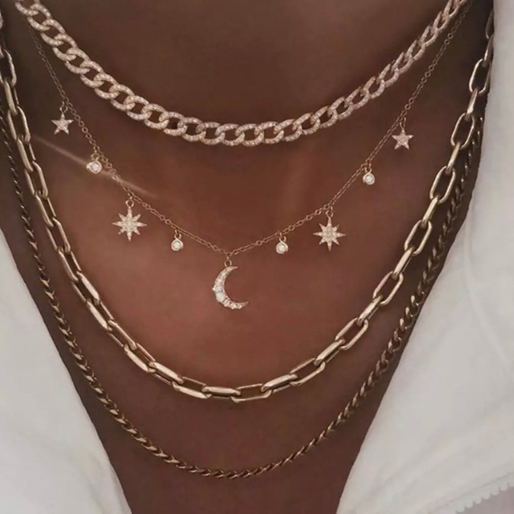 Gold Multichain Boho Crystal Moon Stars Necklace